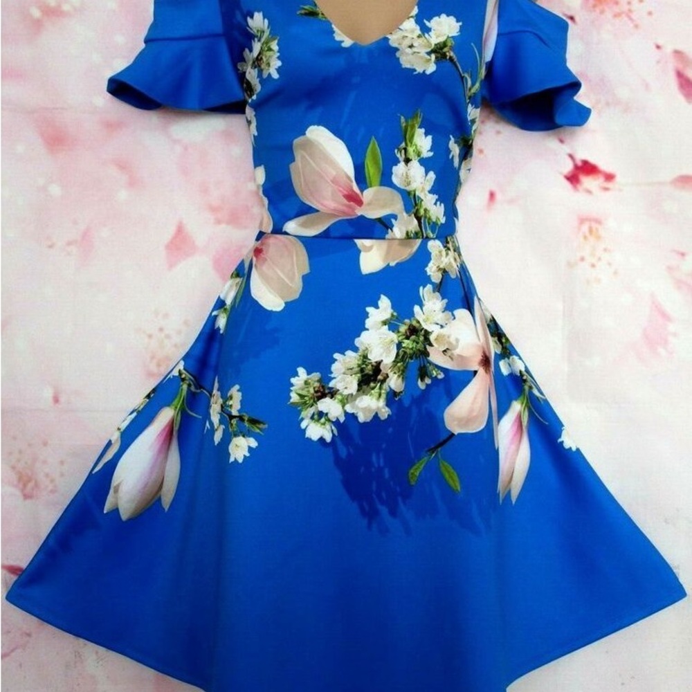 Ted Baker ‘Ambre’ Harmony Cold-Shoulder Floral Fit & Flare Dress – Size 1 (US 4)